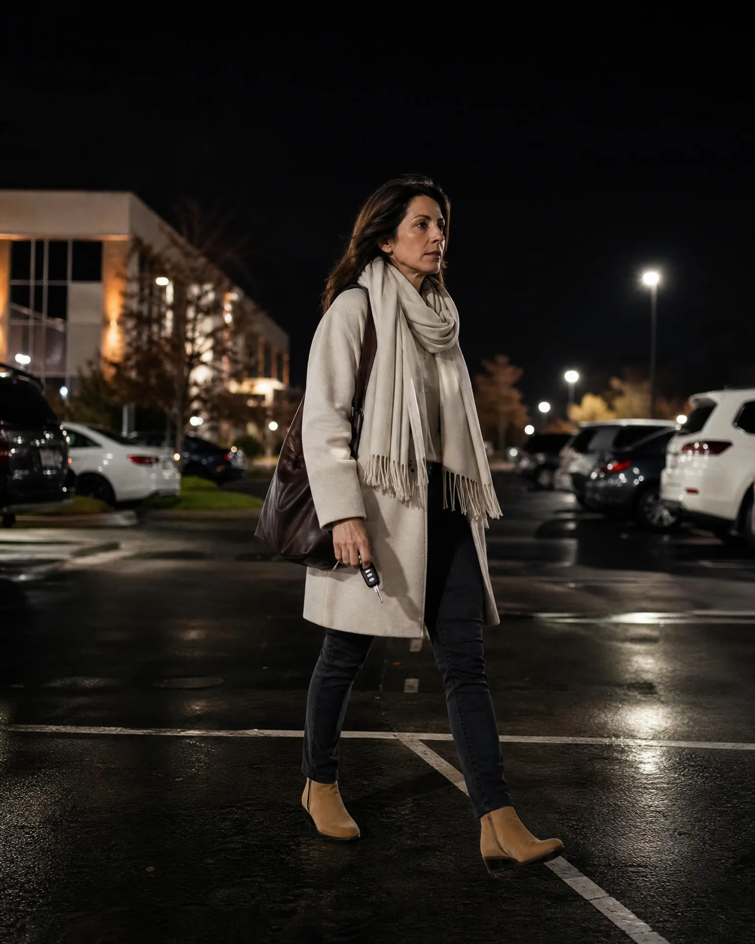 A woman in a cream coat and scarf, dark jeans and tan ankle boots walks across a wet parking lot at night, holding a car key, with parked cars, a lit building and streetlights behind her.