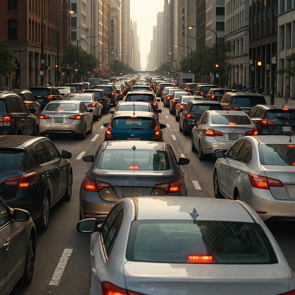 Heavy traffic congestion on urban street with cars lined up between tall buildings during rush hour